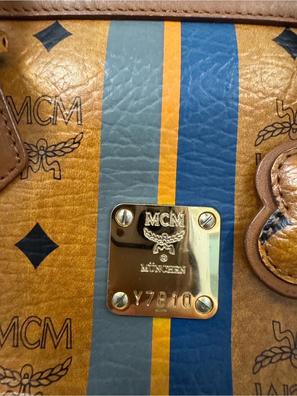 MCM Cognac Visetos Bowling Bag with Navy and Gold Stripe - Picture 6 of 15